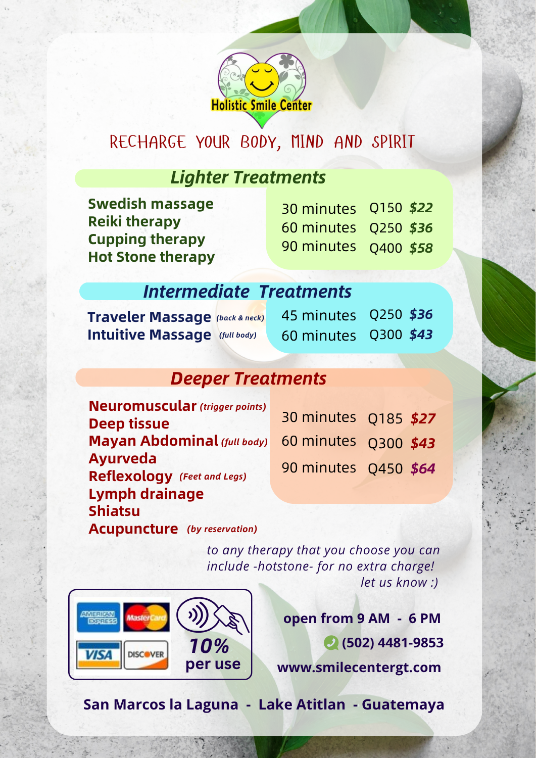Massage menu and pricing at Holistic Smile Center, Lake Atitlan